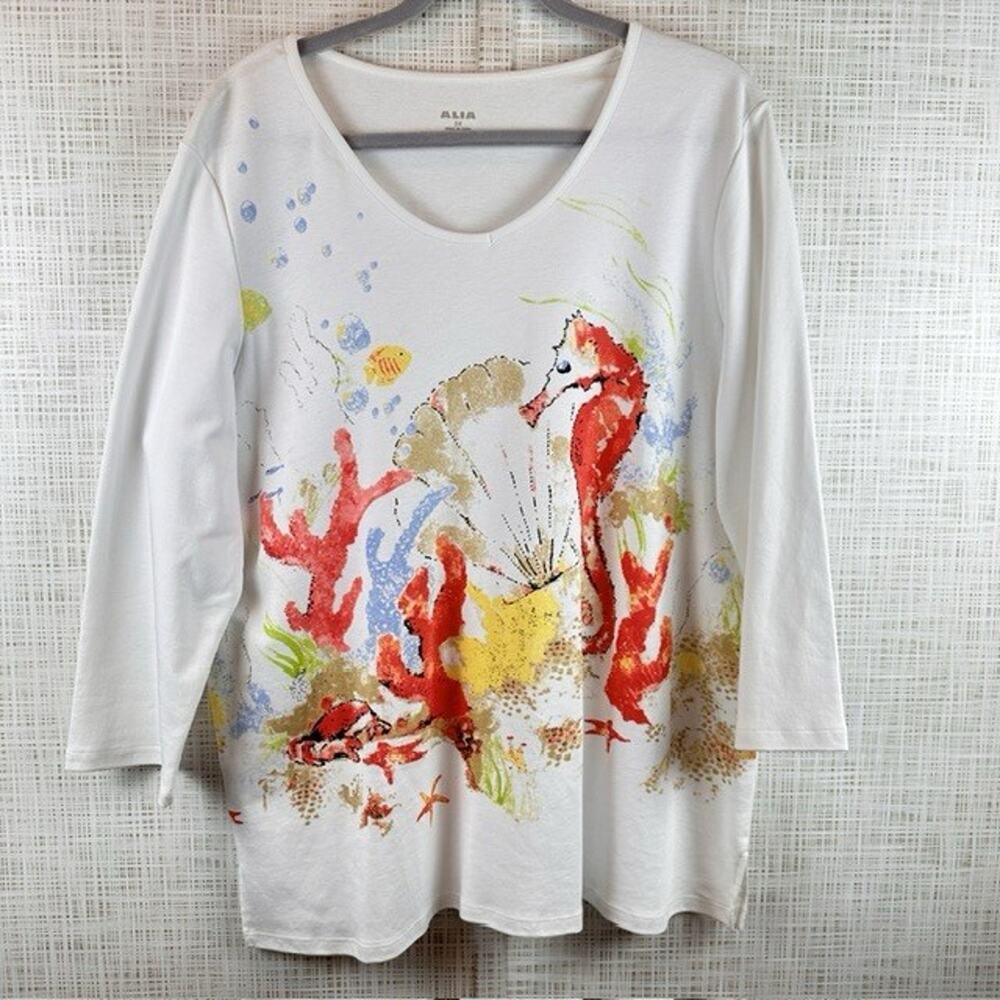 Alia V-Neck 2XL Blouse Shirt White w/Seahorse Sealife Coral Reef Ocean Casual - Picture 3 of 16